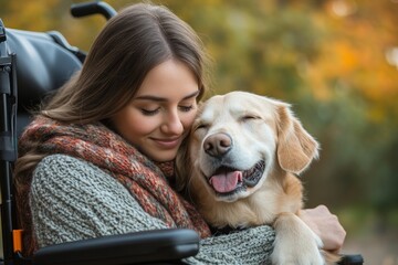 Happy disabled woman in a wheelchair cuddling a dog outdoors. The image highlights the deep bond between pet owners and their service animals, Generative AI
