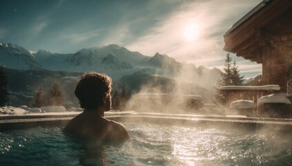 Obraz premium Man in hot tub, mountain view