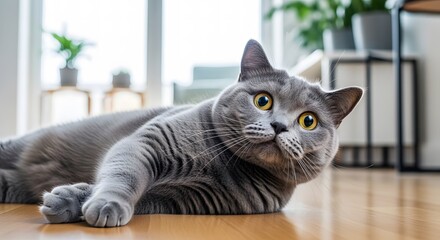 Gray British Shorthair cat lying on a light-colored wooden floor, looking curious.
