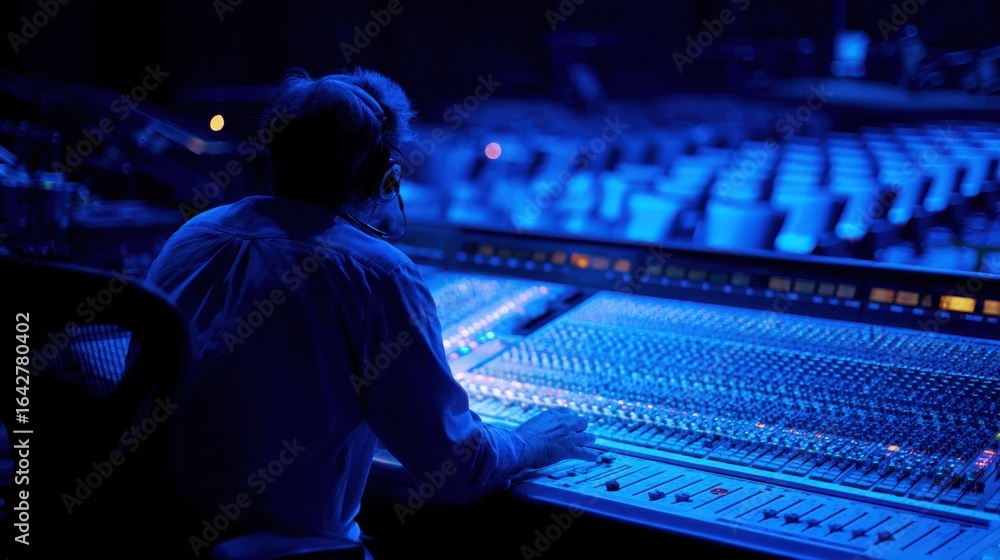 Poster side perspective of a sound engineer riding faders on a digital mixing board during meticulous sound