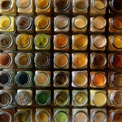 Colorful spice jars arranged on a wooden surface, overhead view. Food ingredient background, culinary use
