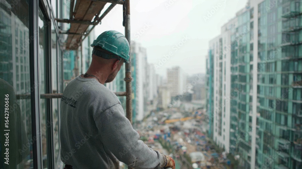 Poster timelapse style footage of a glazier rapidly installing multiple window frames showcasing craftsmans