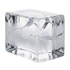 A single, transparent ice cube with visible internal cracks, ideal for cooling drinks or creating a refreshing visual effect.