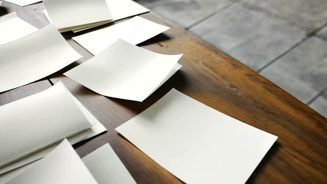 A wooden table scattered with blank sheets of paper in a minimalistic, serene workspace