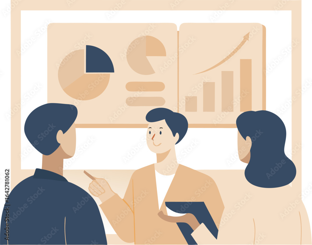 Poster people discussing business charts and graphs in a meeting presentation with a pointer and a tablet