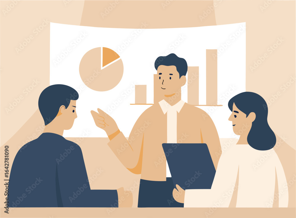 Poster a presentation with a man holding a folder explaining charts to a man and a woman in a light room se