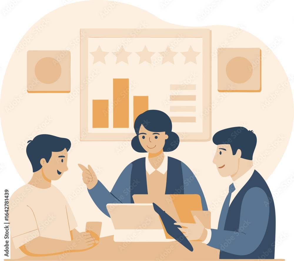 Poster three people in a business meeting discussing charts and graphs on a monitor and documents on a tabl