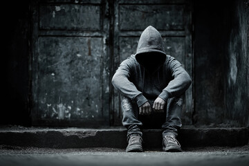 Hooded figure sitting in dark alley with face hidden in shadows