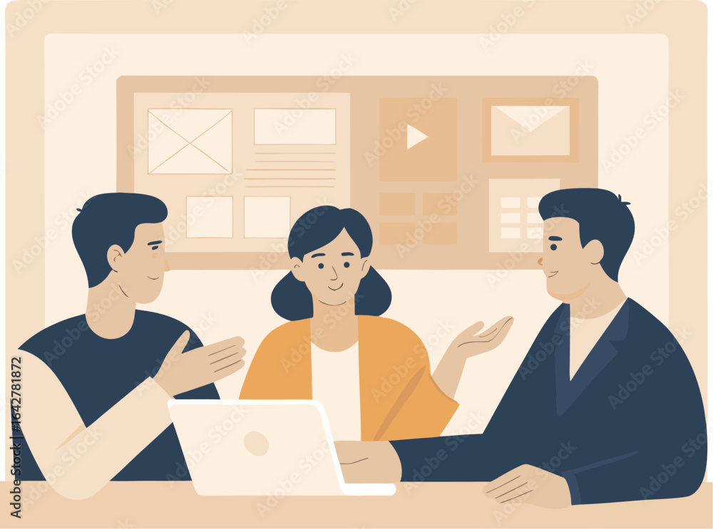 Poster three people collaborating around a laptop in an office setting with a display of content behind the