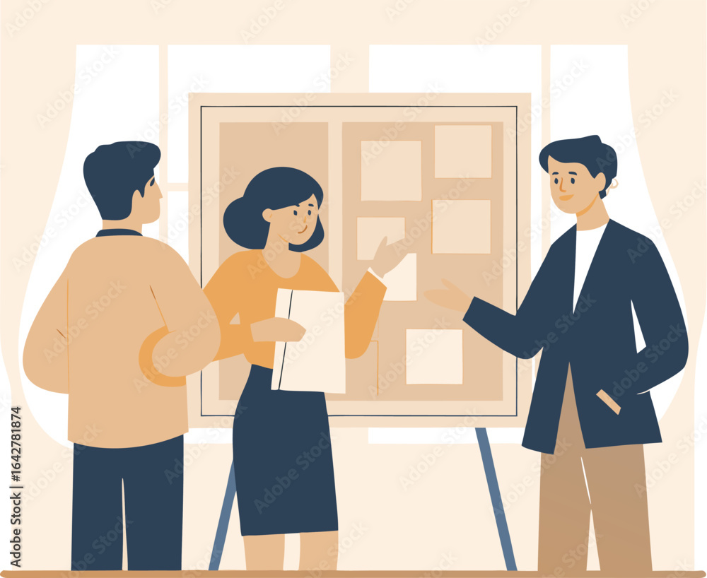 Poster three colleagues discussing ideas in front of a presentation board in a modern office setting with w