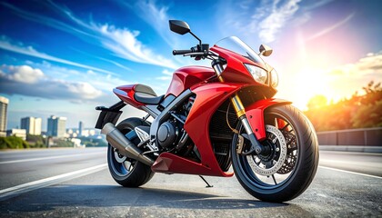 Obraz premium Red motorcycle on city road at sunset