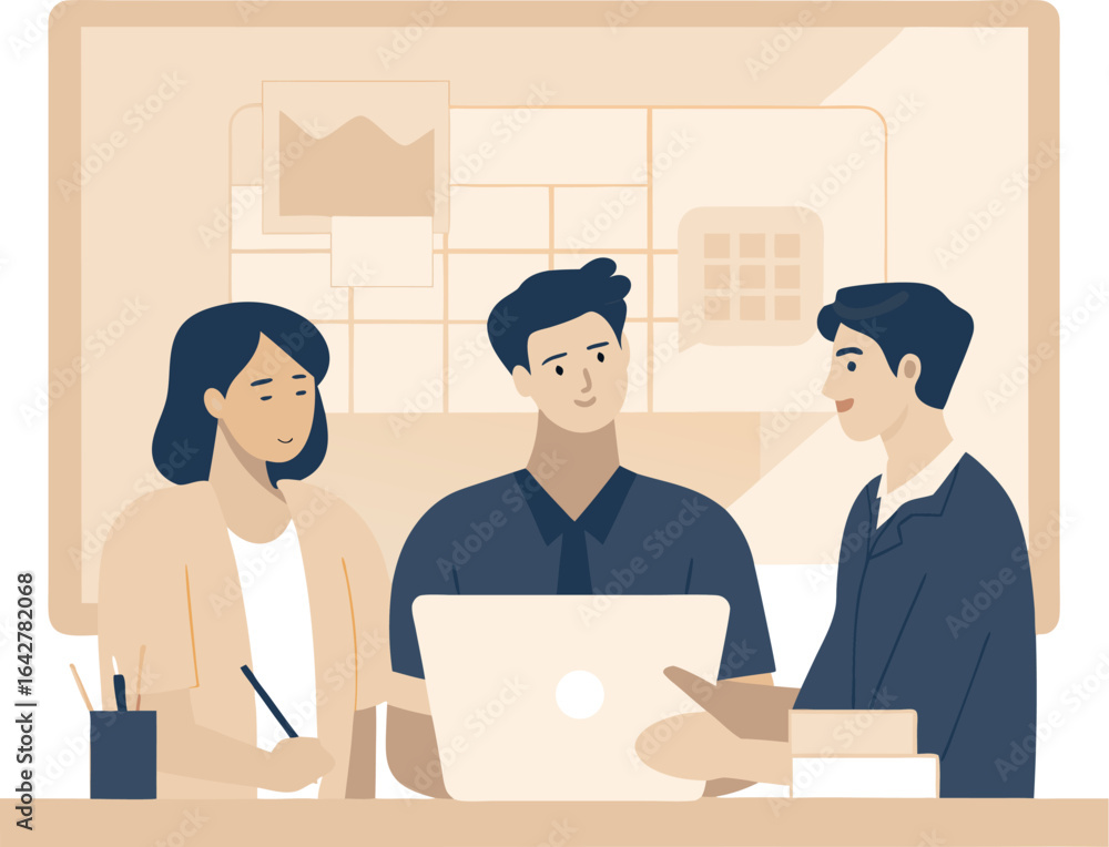 Poster three colleagues collaborate on a project using a laptop in a modern office environment setting toda