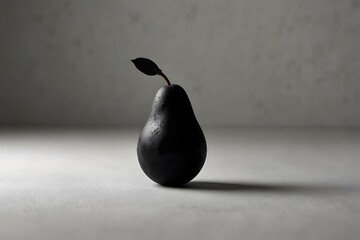 Minimal black pear sculpture with stem on marble surface artistic decoration photography wallpaper
