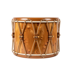 A beautifully crafted wooden drum, showcasing its natural wood grain and intricate rope tension system. Ideal for music, culture, or traditional themes.