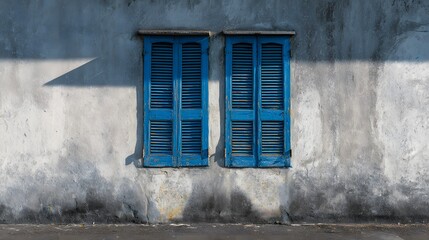 Aged blue shutters on a weathered gray wall.