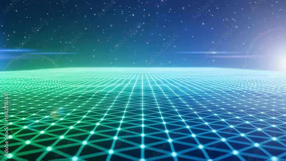 Poster abstract digital grid surface with glowing nodes moving over starry space, technology concept motion