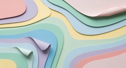 Abstract pastel paper landscape with wavy layers and curled edges.