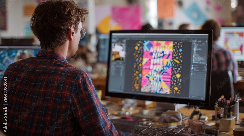 Poster overtheshoulder shot of a designer layering colorful animated elements and kinetic typography while 