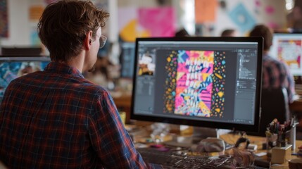 Overtheshoulder shot of a designer layering colorful animated elements and kinetic typography while collaborating with a team in a welllit media production studio.
