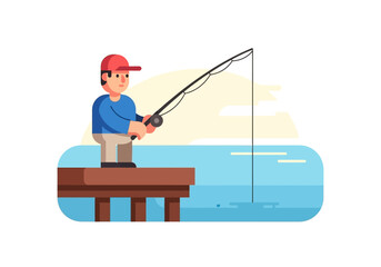 Man in red hat fishing from dock near water. Suitable for outdoor, recreational, leisure, fishing, and vacation concept designs.