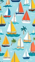 Sailboats and palm trees on a light blue ocean background