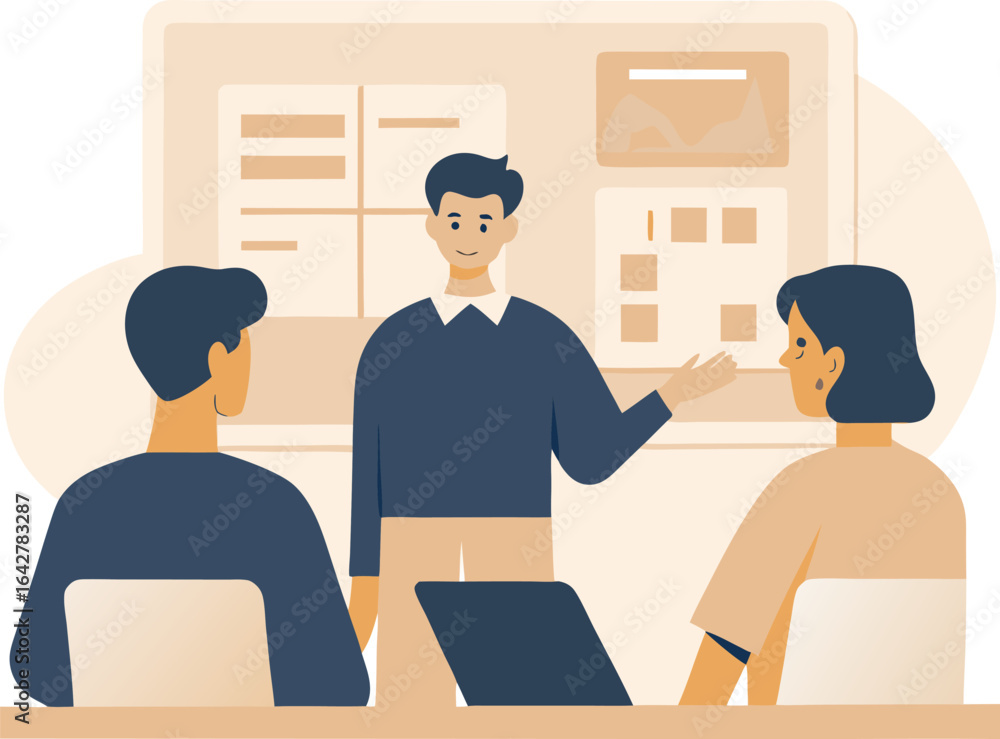 Poster presentation scene depicting a man presenting to two colleagues with a screen in the background show
