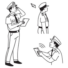 Three depictions of a police officer in uniform holding a clipboard and a cap showcasing different poses and actions in a distinctive silhouette style