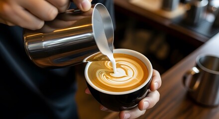 A barista's hands pour steamed milk from a metal pitcher, creating a beautiful latte art design in a cup of coffee.