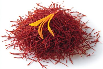 Fototapeta premium Pile of vibrant red saffron threads with a single yellow flower