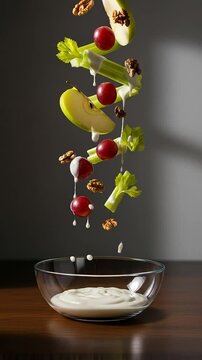 Celery sticks, crisp apples, and walnuts falling into creamy yogurt for Waldorf salad, studio recipe preparation video