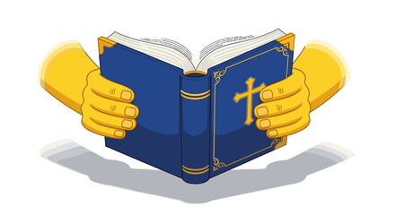 Cartoon Yellow Hands Holding Open Blue Bible With Gold Cross Isolated On White Background