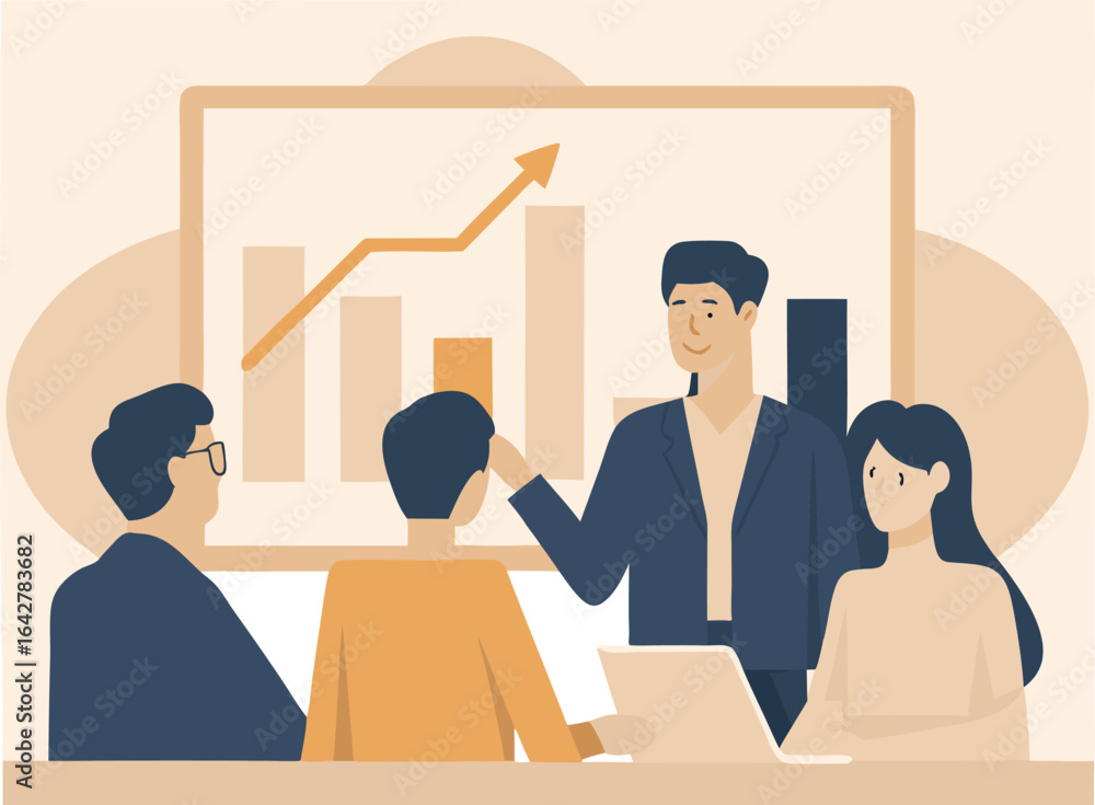Poster a group of people are gathered around a table looking at a chart with an upward trending arrow line