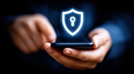 Smartphone security interface.  Hands holding phone with security icon