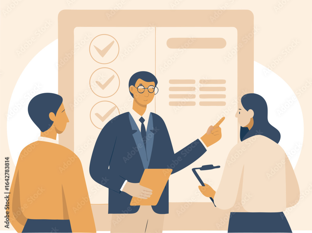 Poster a business presentation with a man pointing at a chart while others listen in a meeting room setting