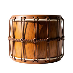 A traditional japanese taiko drum, crafted from polished wood with intricate rope lacing, ideal for cultural events, music, and asian themes.