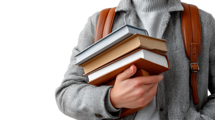 Studious Scholar with Books: A focused student carries a stack of books, his leather backpack a sign of his commitment, ready for class.