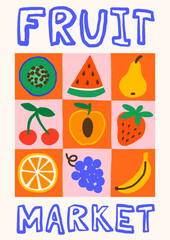 Summer tropical exotic fruits vector illustration. Bold bright poster design with kiwi, watermelon, pear, cherry, peach, strawberry, orange, grapes, banana in blocks