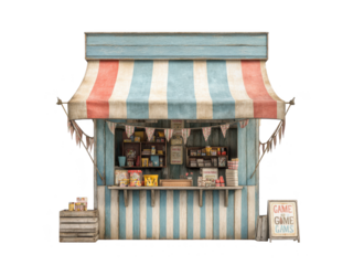 Vintage Game Booth with Striped Awning and Various Items isolated on transparent background
