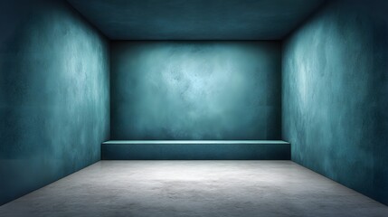 Teal room interior with concrete floor and textured walls.