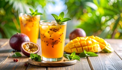 Fototapeta premium Iced fruit tea with mango, passion fruit and mint in a glass cup on the table. Detailed high quality image. 