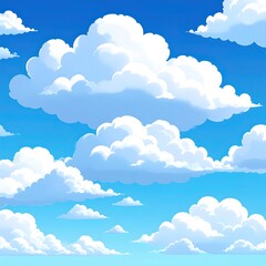 Digital illustration of a bright blue sky filled with fluffy white clouds.