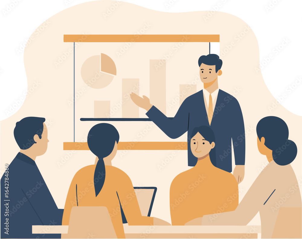 Poster a man presenting a chart to a group of people in a meeting with a pie chart and bar graph shown