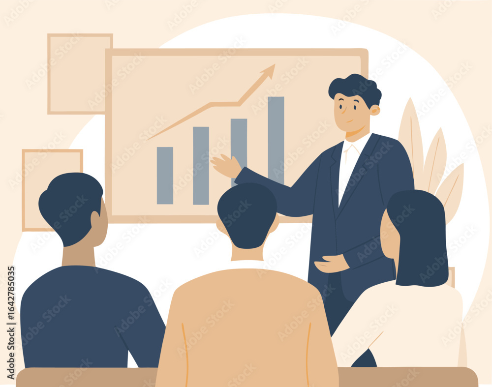 Poster man giving presentation to audience with star and bar graph on screen in a light colored room settin