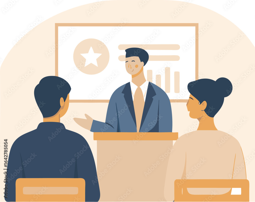 Poster a man presenting a graph to an audience in a business meeting with charts and bar diagrams shown on 