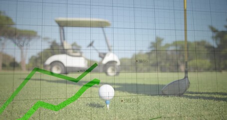 Gloved hand entering from right placing golf ball near club head while data trends rising - Powered by Adobe