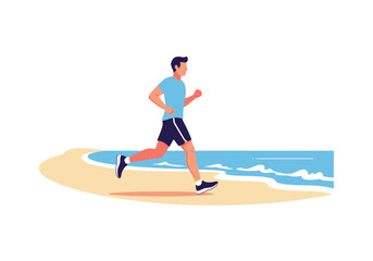 Fototapeta premium Man running on a sandy beach is suitable for promoting health, fitness, beach vacations, and outdoor activities in various marketing materials.