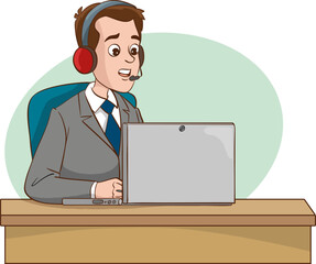 Call center agent man with headset and laptop. Customer service operator talking to client. Technical support, hotline, helpdesk consultant concept. Male character vector illustration.