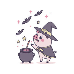 A cute cartoon pig dressed as a witch stirs a bubbling cauldron surrounded by bats and stars.