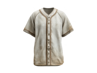 Worn, vintage baseball jersey with buttons and piped edging isolated on transparent background