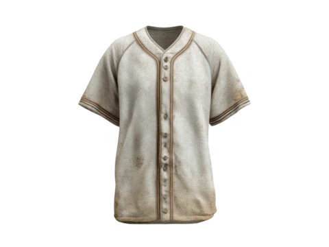 Worn, vintage baseball jersey with buttons and piped edging isolated on transparent background